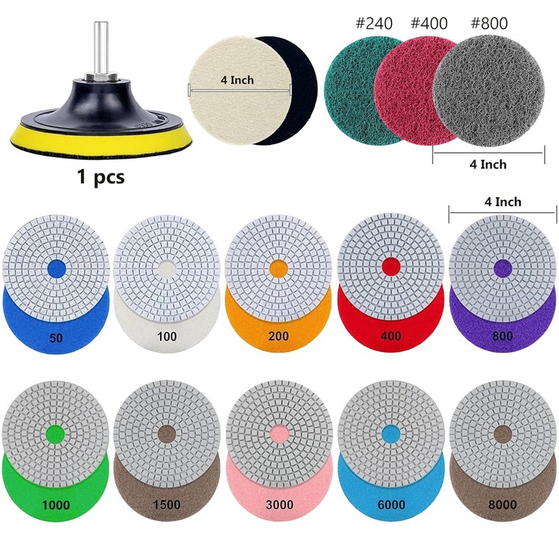 Ceeintee 4 Inch Diamond Polishing Pads, 18 PCS 50-8000 Grit Wet/Dry Granite Stone Polish Pad Kit with 5/8’’-11 Backer Pad, Drill Adapter and Wool Disc for Granite Marble Concrete Stone Tile - Image 2